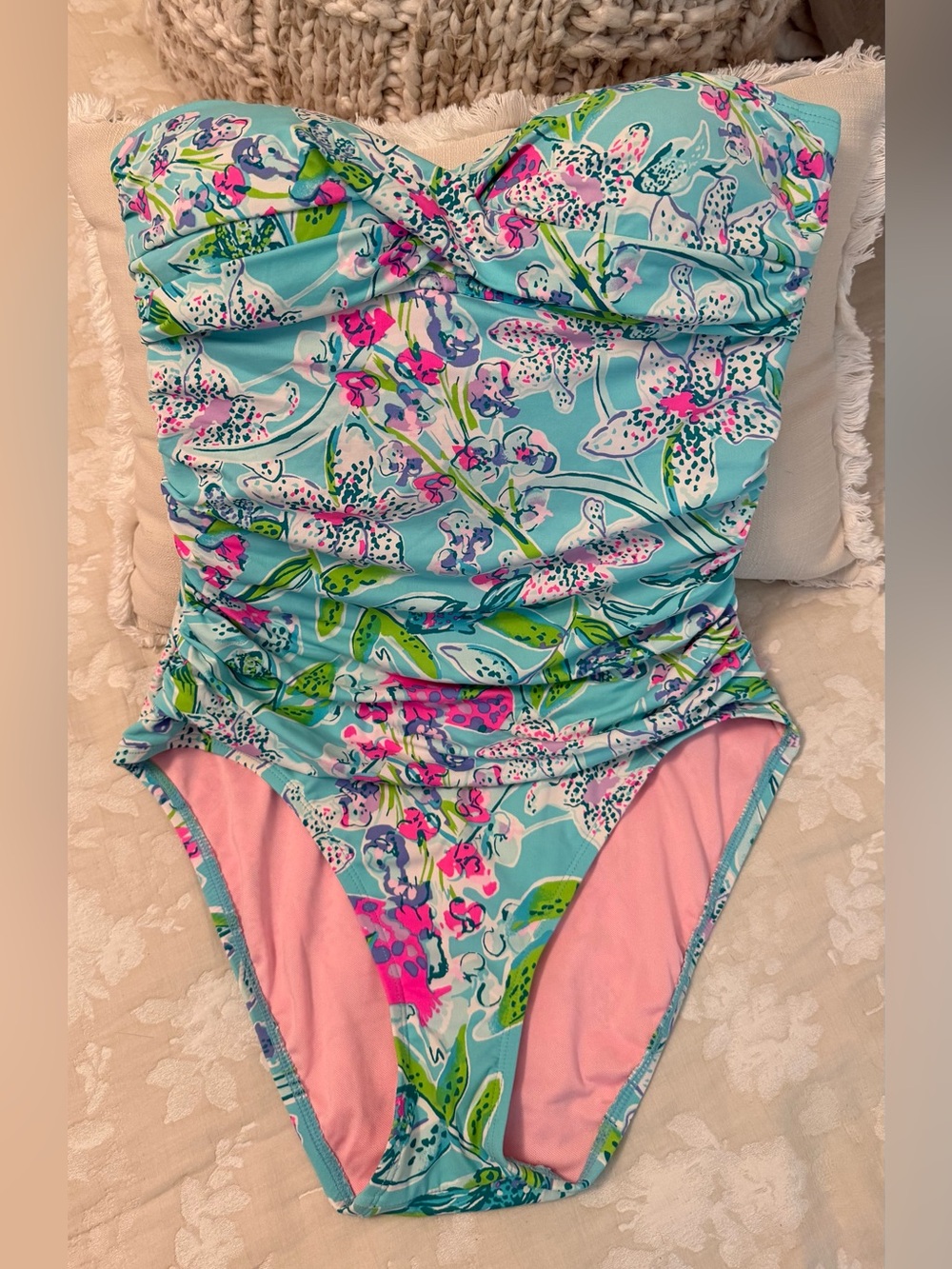 Lilly Pulitzer Floral One-Piece Swimsuit - Aqua Pink Women’s size 8